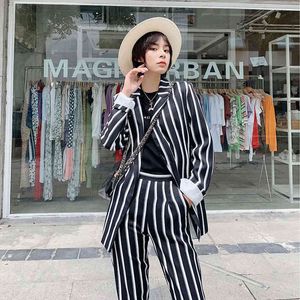 Women Autumn-Spring Fashion Striped hm Blazer Female Chic Black With White Long Sleeve Street-wear Jacket marynarka damska 210421