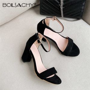 Sexy Pumps For Women High Heels Open Toe Flock Thick Heels Sandals Bridal Ladies Ankle strap Party Shoes Black Apricot Pink Y0721