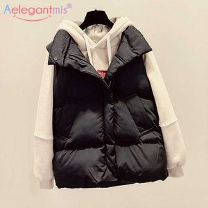 AELEGANTMIS Zima Jesień Bez Rękawów Parka Kamizelka Płaszcz Kobiety Koreańska Kurtka Wyściełane Puffer Kamizelki Mujer Gilet Stand Collar 210607