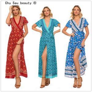 Chu Sau Beauty Mode Boho Vintage Print Tiefer V-Ausschnitt Langes Wickelkleid Frauen Urlaub Chic Kurzarm Split Kleider Weiblich 210508