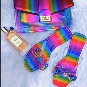 Тапочки Crystal Jelly Counts и Slide Set Rainbow Bow Flip-Plops Сумки Хрусталь Плоская Тапочка Сумка Модная Обувь Chanclas Mujer