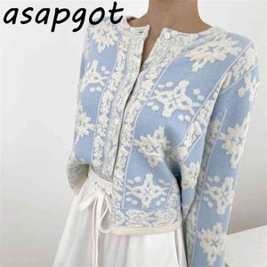 Asapgot solto azul o pescoço único-breasted knit cardigan camisola casaco bordado floral doce chique moda retro preguiçoso gentil selvagem 210806