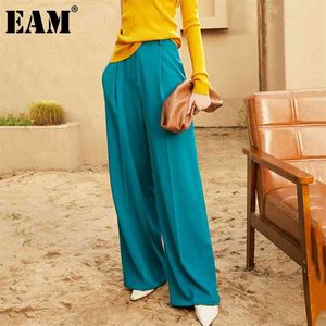 [EAM] High Waist Blue Pleated Split Joint Long Wide Leg Trousers Loose Fit Pants Women Fashion Spring Autumn 1DA645 210915
