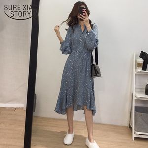 plus size women dress long sleeve dress Spring temperament chiffon fat MM loose irregular wave point bottoming dress 2651 50 210528