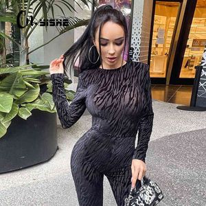 Cnyishe z długim rękawem Paski drukuj O-Neck Skinny Skoki Spring Kobiety Pajaciki Moda Sexy Streetwear Lounge Wear Tops Kombinezony 210419