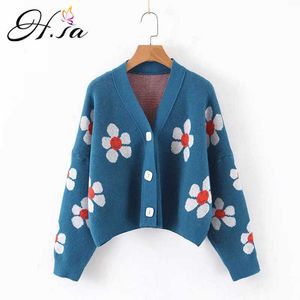 H.SA Women Cardigans Winter V neck Cropped Sweater Floral Ugly Button Sweaters V neck Short Harajuku Sweater Coat Chic Knit Top 210716