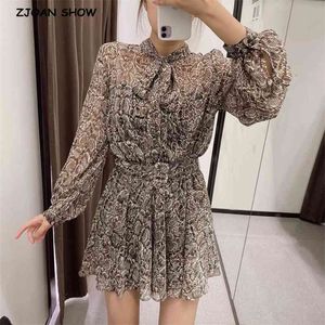 Retro Animal Snake Print Long sleeve Dress Women Tie Bow Collar With Buckle Belt Mini Short Shirt Dresses Femme Vestido 210429