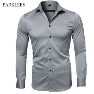 Cinzento elástico de fibra de bambu camisa homens marca longa manga mens vestido camisas não ferro de carro fácil negócio negócio trabalho químico homme xxl 210809