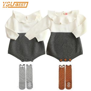 Baby Girls Långärmad Jumpsuits Boys Infant Rompers Ruffles Princess Girl Sweet Stickade Overaller Romper 70-100cm 210429