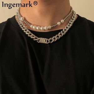 2 Teile/satz Luxus Iced Out Strass Kette Mode Punk Simulierte Perlen Choker Halskette Frauen Mann Miami Kubanischen Collier Bijoux Anhänger necklac