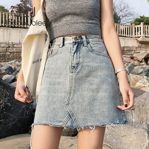 Joloo jolee moda verão jeans saia casual lápis sólido denim how street bolsos botão mini saia mais tamanho 210518