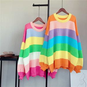 H.Sa Winter sweter Kobiety Oneck Loose Styl Oversized Swetover i Swetry Rainbow Knit Buckers Koreański Pull Jumper Autumn Cloth 210716