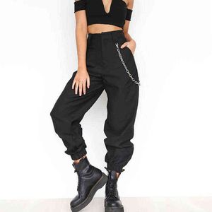 Höst Vintage Chain Black Cargo Byxor Kvinnor Midläkare Joggers Baggy Trousers Streetwear Plus Size 211124