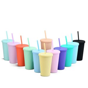 16 Unzen Doppelschicht Mode Erwachsene und Kinder Gerade Kaffeetasse Becher Becher Bonbonfarben Kunststoff Frosted Wasserbecher mit Stroh WLL885