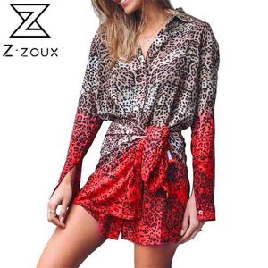 Kobiety Sukienka Leopard Drukuj Kolor Dopasowywanie Mini Z Długim Rękawem Pojedynczy Koszula Plus Size Ladies ES 210513