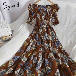 Syiwidii ​​mode blommig tryck elastisk hög midja klänning kvinnor kort ärm strapless vikar slash neck a-line sommarkläder 210417
