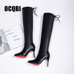 Kadın Ayakkabı Çizmeler Yüksek Topuklu Kırmızı Alt Diz Çizmeler Üzerinde Deri Moda Güzellik Bayanlar Uzun Bootie Boyutu 35-39 220310