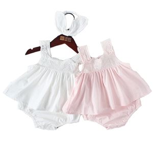 Sommar Söt Cotton Romper Headband Tvådelade Broder Broderi Lace Jumpsuit Baby Kläder 210417