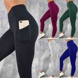 Yüksek Bel Cep Egzersiz Moda yukarı Spor Kadınlar Salonu Tayt itin Casual jeggings Womans Giyim Pantolon 210925