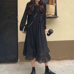 Polka Dots Print Chiffon Women Vintage Loose Dress Lace-up Long Sleeve Female A-line Vestidos Femme Autumn 10860 210417