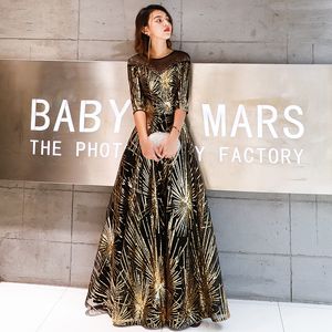 Robe De Soiree Evening Dress 2021 Gold Sequined Crystal O-Neck Black Floor-Length Dinner Gowns