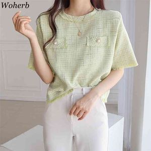 Knitted Korean Knitwear Women Short Sleeve O-neck Pockets Sweater Tops Elegant Vintage Ladies Jumpers Chic Office Lady 210519