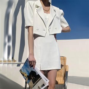Office OL Puff Short Sleeve Blazer Coat + Sexy Ruched Sling Dress Fashion Women Two Piece Set Summer Female Outfits 210519