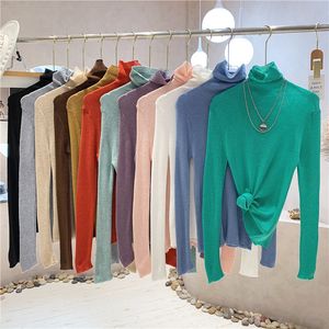 Autumn new design women's turtleneck long sleeve candy color thin knitted slim waist tunic sweater tops jumper