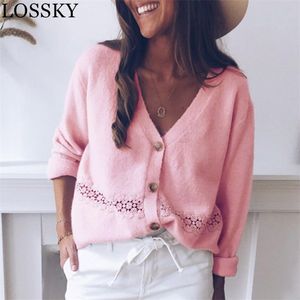 Knitted Lace Patchwork Cardigan Sweater Women Autumn Simple Solid Bottom Clothing Fashion Coat For Female 210507