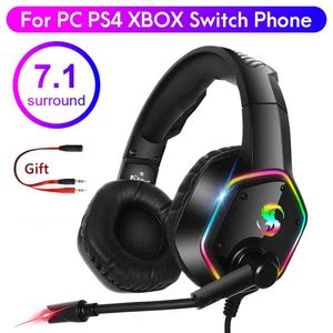 سماعات رأس الألعاب RGB، 7.1 سماعات ستيريو لاعب مع ميكروفون PS4 PS5، على الأذن الضوضاء إلغاء سماعات الهاتف سماعات الهاتف