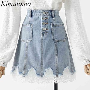 Kimutomo Women Sweet Jeans Gonna Spring Chic Ragazze coreane Patchwork in pizzo a vita alta Minigonna a trapezio Outwear Fashion 210521