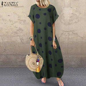 M 5XL Summer Long Maxi SundrWomen Short Sleeve Printed DrVintage Polka Dot Bohemian Party Beach Vestidos Kaftan Robe X0529