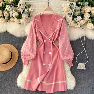 Neploe V-neck Puff Sleeve Double Breasted Slim Fit Dress French Style Knitted Women Dresses Sweet Hit Color Patchwork Vestidos 210423