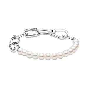 Feiner Schmuck, authentische Perle aus 925er-Sterlingsilber, passend für Pandora-Charm-Armbänder, R-Link-Charn-Süßwasser-Zuchtperlen-Armband, Sicherheitsketten-Anhänger, DIY-Perlen