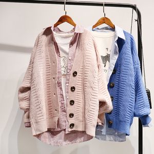 H.SA Höst och Kvinnor Öppna Stitch Loose Knit Cardigans Rosa Jumpers Vintertröja Coat Femme 210417