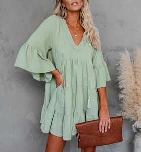 Casual Loose Solid Women Dresses Sexy V-Neck Flare Sleeve Ruffles Tassel Spring Autumn Office Lady Dress Plus Size W152 210526