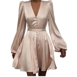 Elegant Satin Women Dresses V-Neck Puff Sleeve Party Robes Femme Plain Ruched Button Front Dress Ladies Outfits