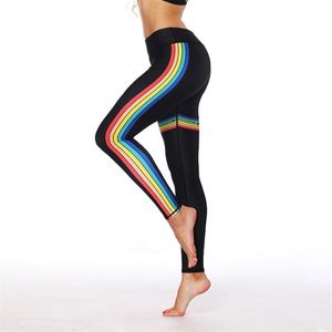 Rainbow Striped Polyester Leggings Casual Black Sporting Elastic Force Breathable For Women 210925