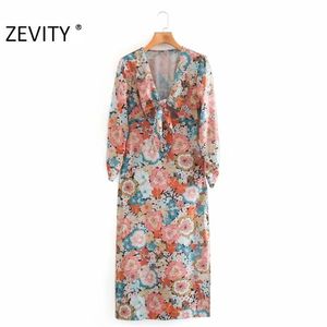 Kobiety Sexy Głębokie V Neck Wiązany Kwiatowy Print Casual Slim Midi Sukienka Kobiece Płaski Z Długim Rękawem Split Party Vestido DS4634 210420