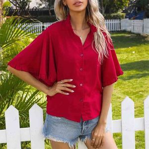 Frilhão de gola de gola de gola de manga curta camiseta mulheres moda verão casual senhoras tops sólido mulher solta camisas 210510