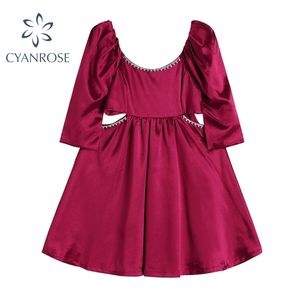 Claret Waist Hollow Out Sexiga Kvinnor Klänning Fransk Vintage Elegant Temperament Square Collar Puff Sleeve Ladies Evening 210515