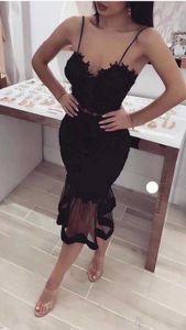 Abito da donna sexy in pizzo nero a coda di pesce in rayon con fasciatura da donna Designer da sera al ginocchio Vestido 210527