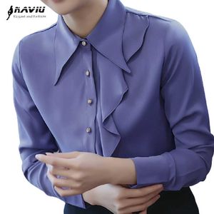 Camisa de Manga Longa Camisa Mulheres Primavera Elegante Ruffles Branco Blusa Chiffon Escritório Senhoras Trabalho Casual Tops Cinza 210604