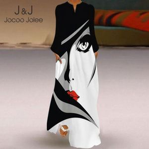 JOCOO Jolee Elegancki Prosta Prosta Długość Długość Kobiet Plus Rozmiar 3XL Casual Długim Rękawem V Neck Face Drukuj Luźna Długa Dress 210518