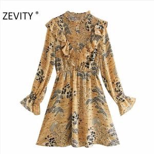 ZEVITY women fashion chinese style printing ruffles mini dress female long sleeve kimono vestido chic casual slim dresses DS4489 210603