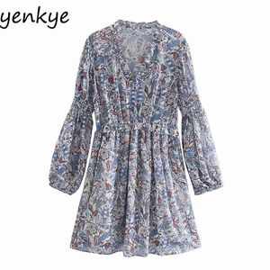 Vintage Fall Women Paisley Print Dress Lantern SLeeve V Neck Pleated Chiffon Casual Dresses Female Autumn Plus Size vestido 210514