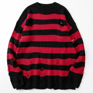 Damskie Swetry Paski Kobiety Punk Unisex Sweter Jesień Hollow Out Hole Broken Jumper Luźne Oversize Pullouvers Harajuku Streetwear