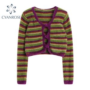 Mohair Crop Striped Bodycon Sweater Sexy Slim Long Sleeve Vintage Cardigan Knitwear Female E-Girl Plush Trendy Party Knit Tops 210417