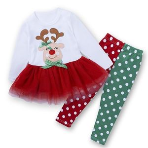 Cabeça de cervos de Natal Chefe de crianças meninas de manga comprida top + calças de dot roupas outono inverno crianças menina terno roupas 210521