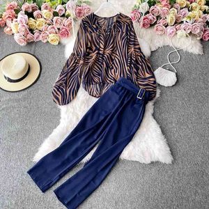 2 piece sets womens Strap v-neck zebra-print bubble-sleeved chiffon top casual high-waisted wide leg pants two-piece suit trend 210420